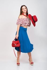 stylish woman in summer outfit isolated posing in fashion trend isolated