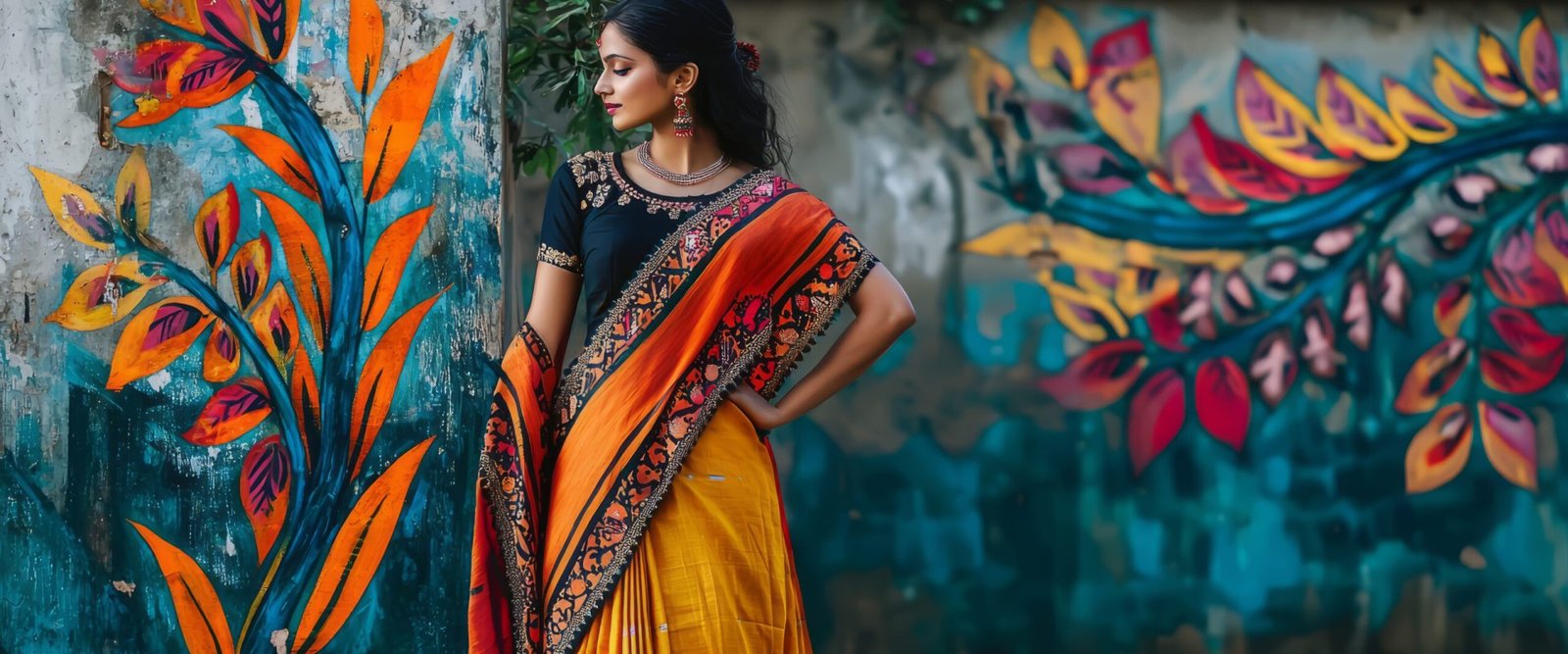The woman stands gracefully in a vibrant sari with the backdrop featuring abstract and nature-inspired Madhubani designs. Generative AI