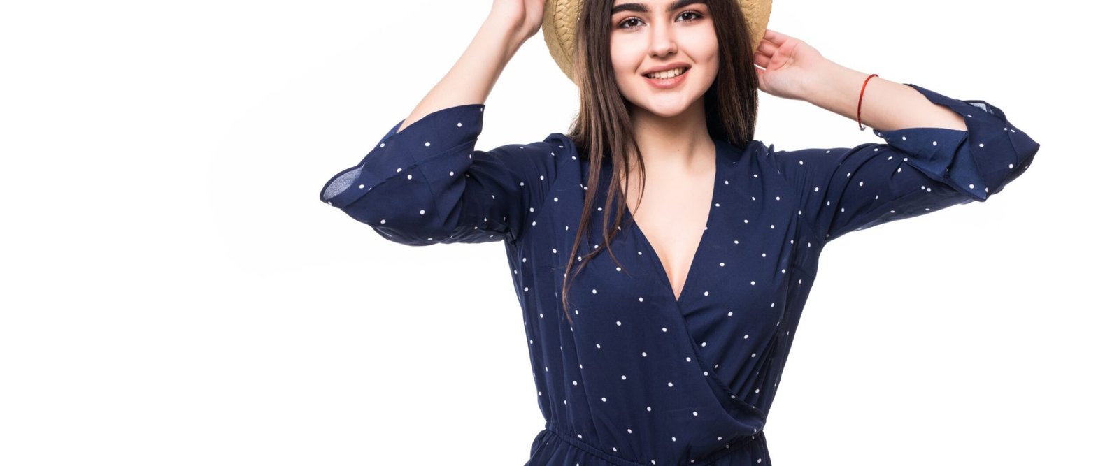 Pretty lady model in short blue dress and hat barfoot isolated on white